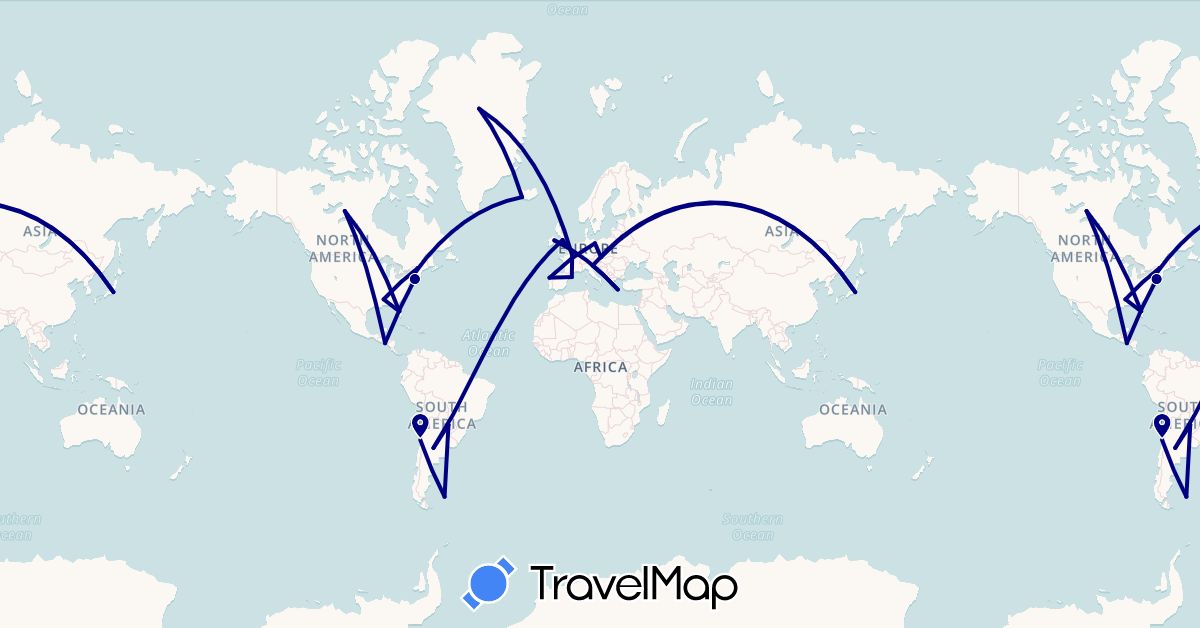 TravelMap itinerary: driving in Argentina, Austria, Canada, Chile, Germany, Spain, Falkland Islands, France, United Kingdom, Greenland, Greece, Ireland, Iceland, Italy, Japan, Portugal, Paraguay, El Salvador, United States (Asia, Europe, North America, South America)